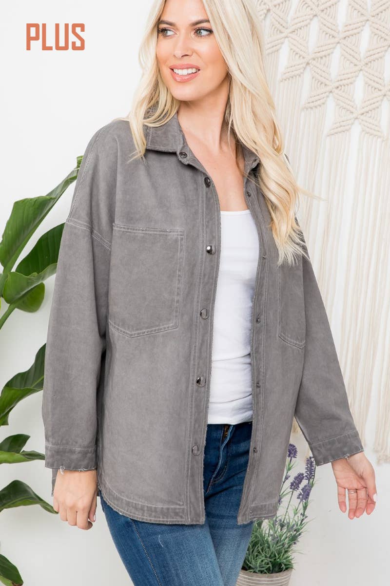 PLUS SIZE MINERAL WASHED DENIM SHACKET -Ash Grey