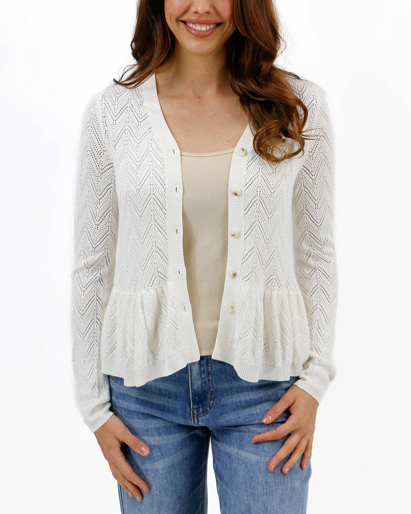 Grace and Lace Pointelle Peplum Cardigan in Ivory – Sublime Boutique