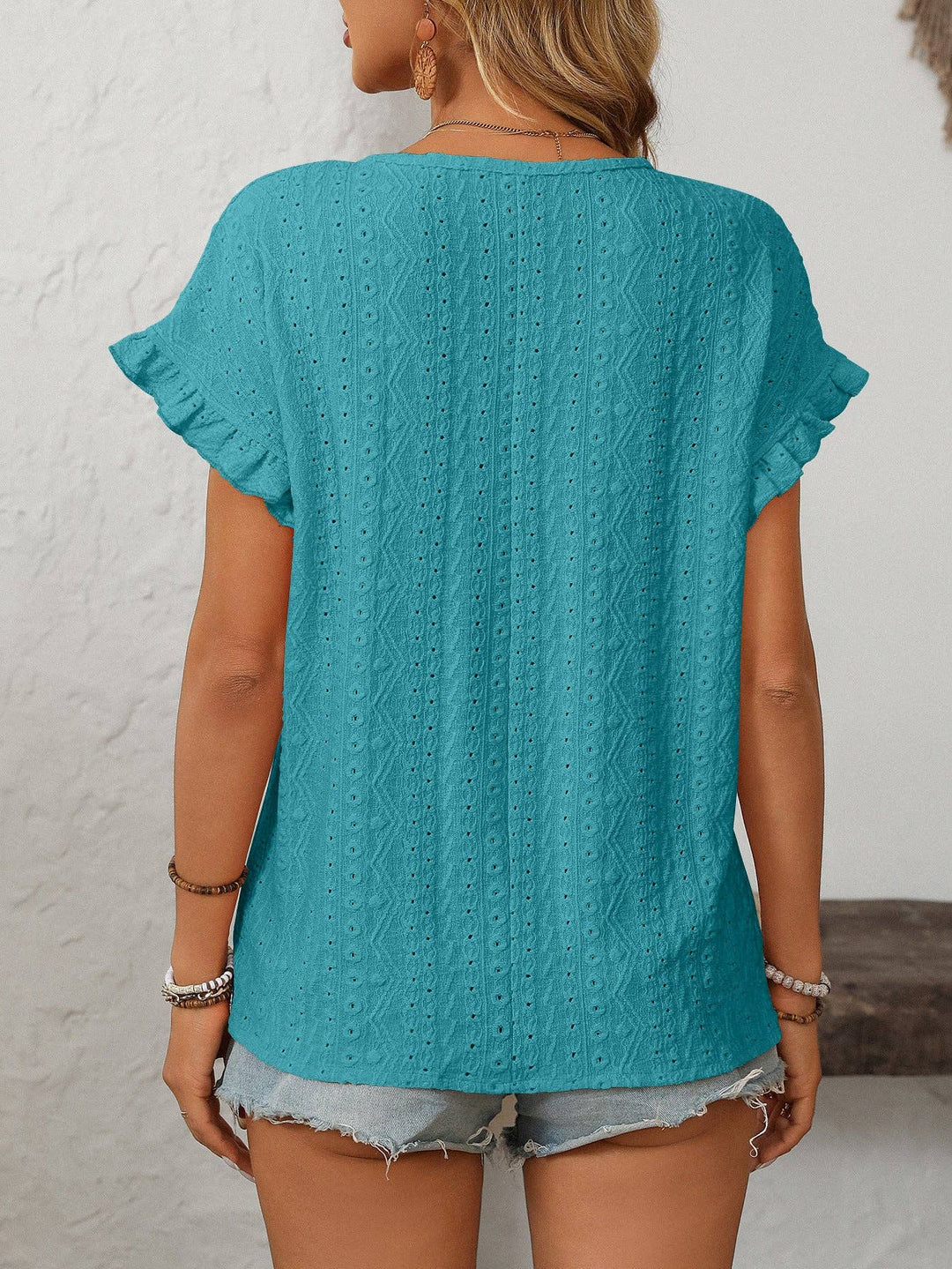 Sweet Short-Sleeve Hollow-Out Top - Turquoise
