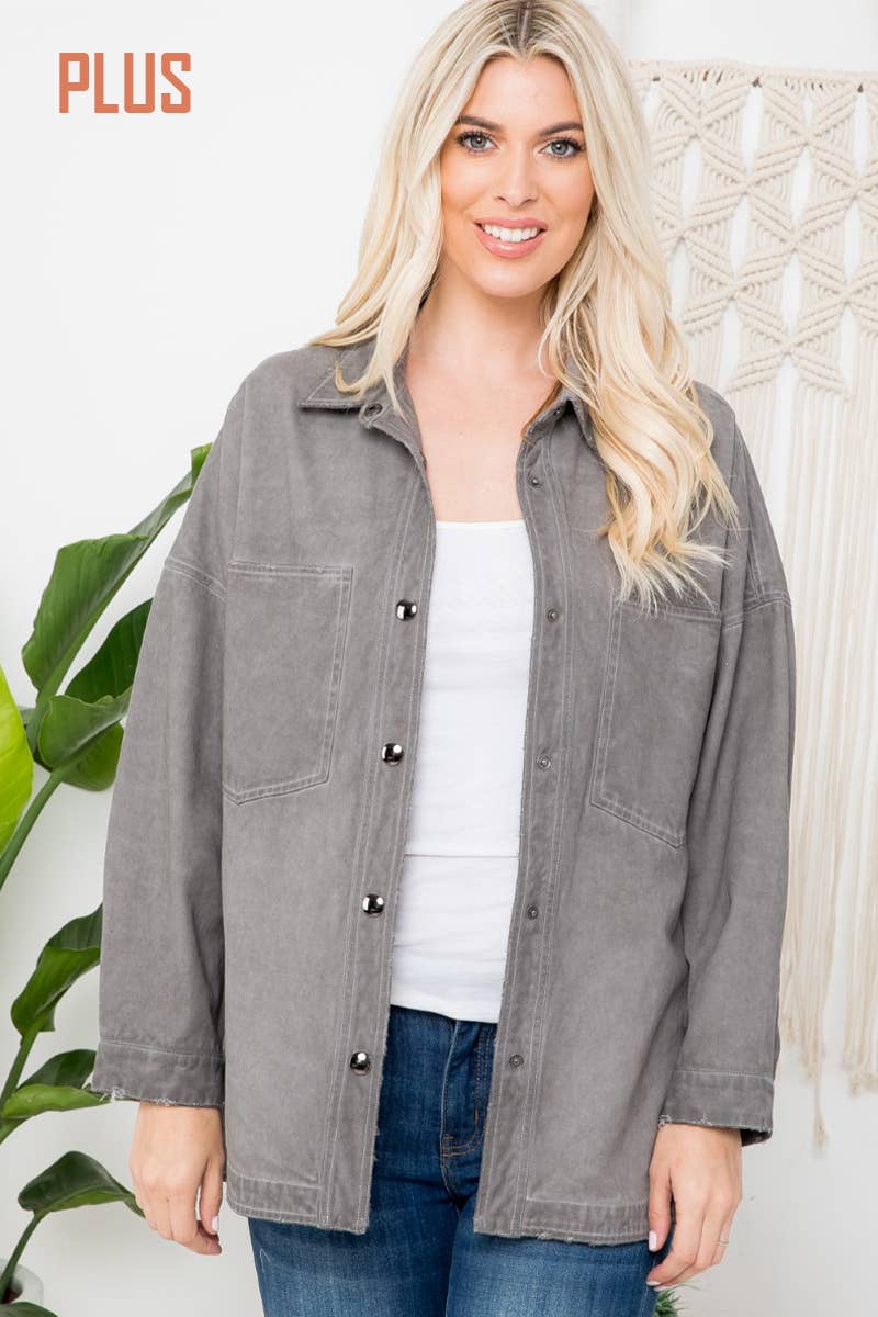 PLUS SIZE MINERAL WASHED DENIM SHACKET -Ash Grey