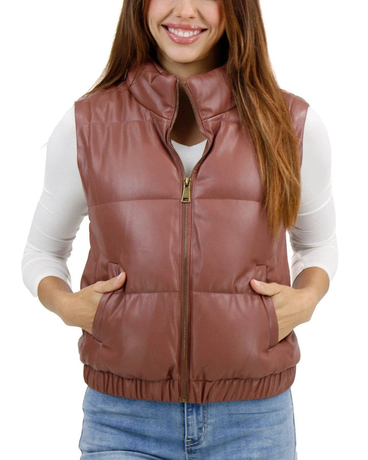 Grace and Lace Butter Faux Leather Puffer Jacket/Vest in Clay