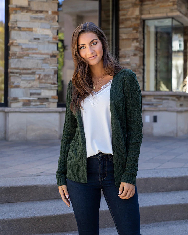 Grace and Lace Belted Cable Cardi - Pine