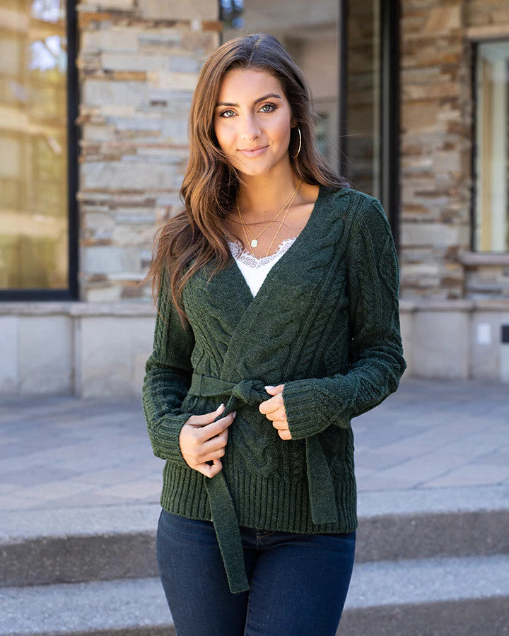 Grace and Lace Belted Cable Cardi - Pine