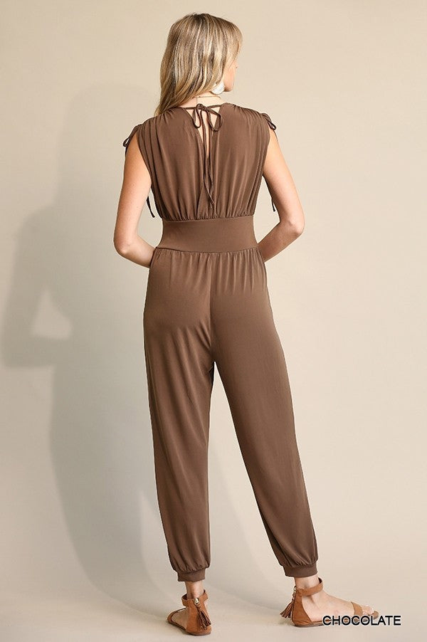 Solid & Ruched Drawstring Detail Jogger Jumpsuit- In Chocolate