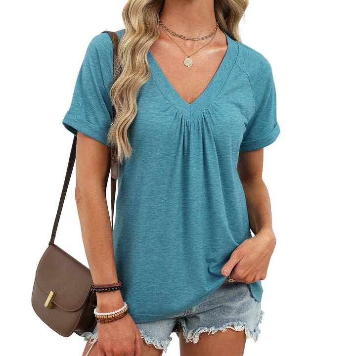 Women’s V Neck Pleated Short Sleeve Casual Blouse Top - Blue Green