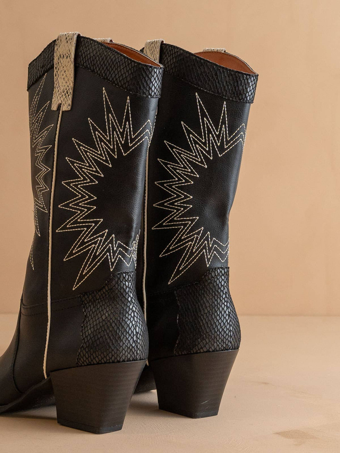 The Halle Black | Paneled Cowboy Western Boot Snake Print