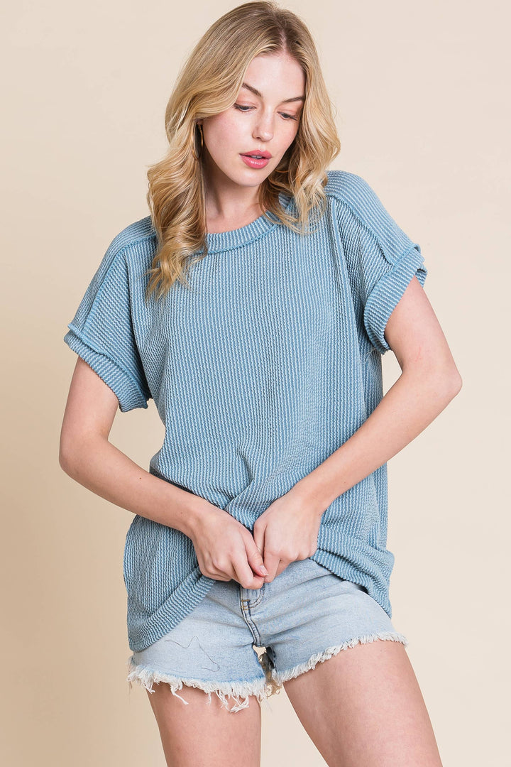 The Breezy Ribbed Knit Top - Denim