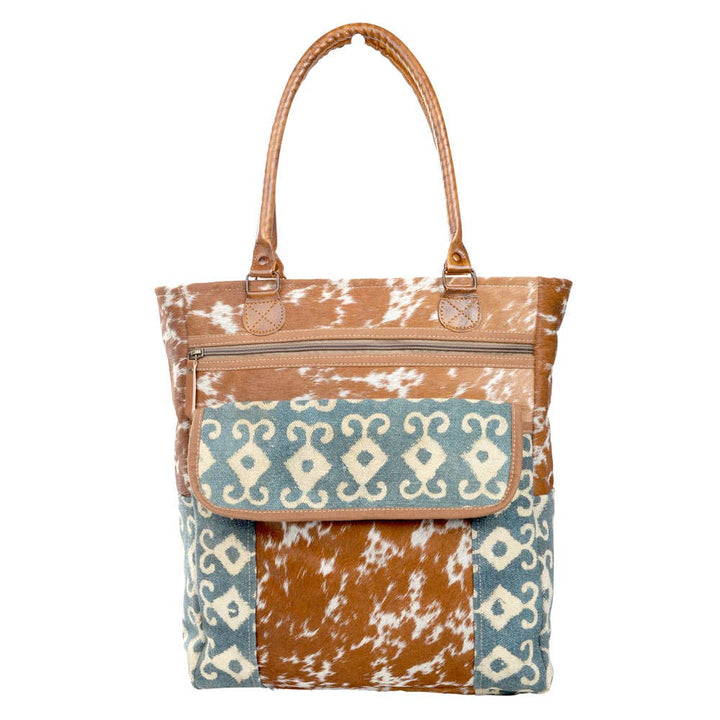 Teal And Brown Tote Bag With Cowhide