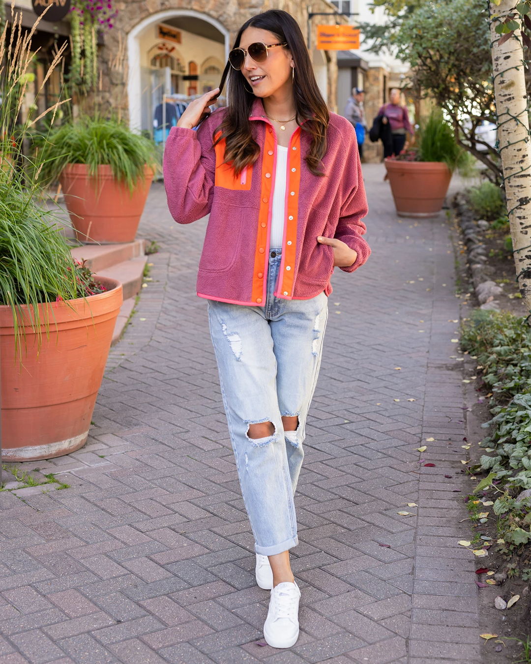 Colorblock Fleece Jacket in Berry-Orange