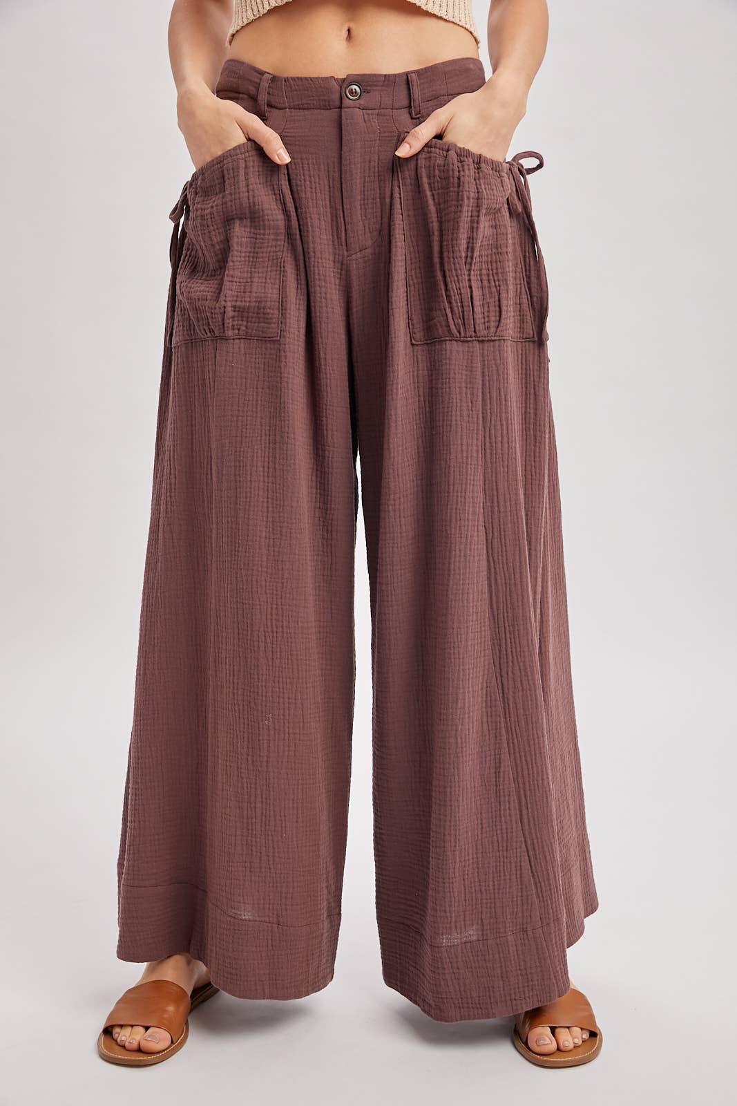 Patch Pocket Wide Leg Drawstring Pant - Mocha