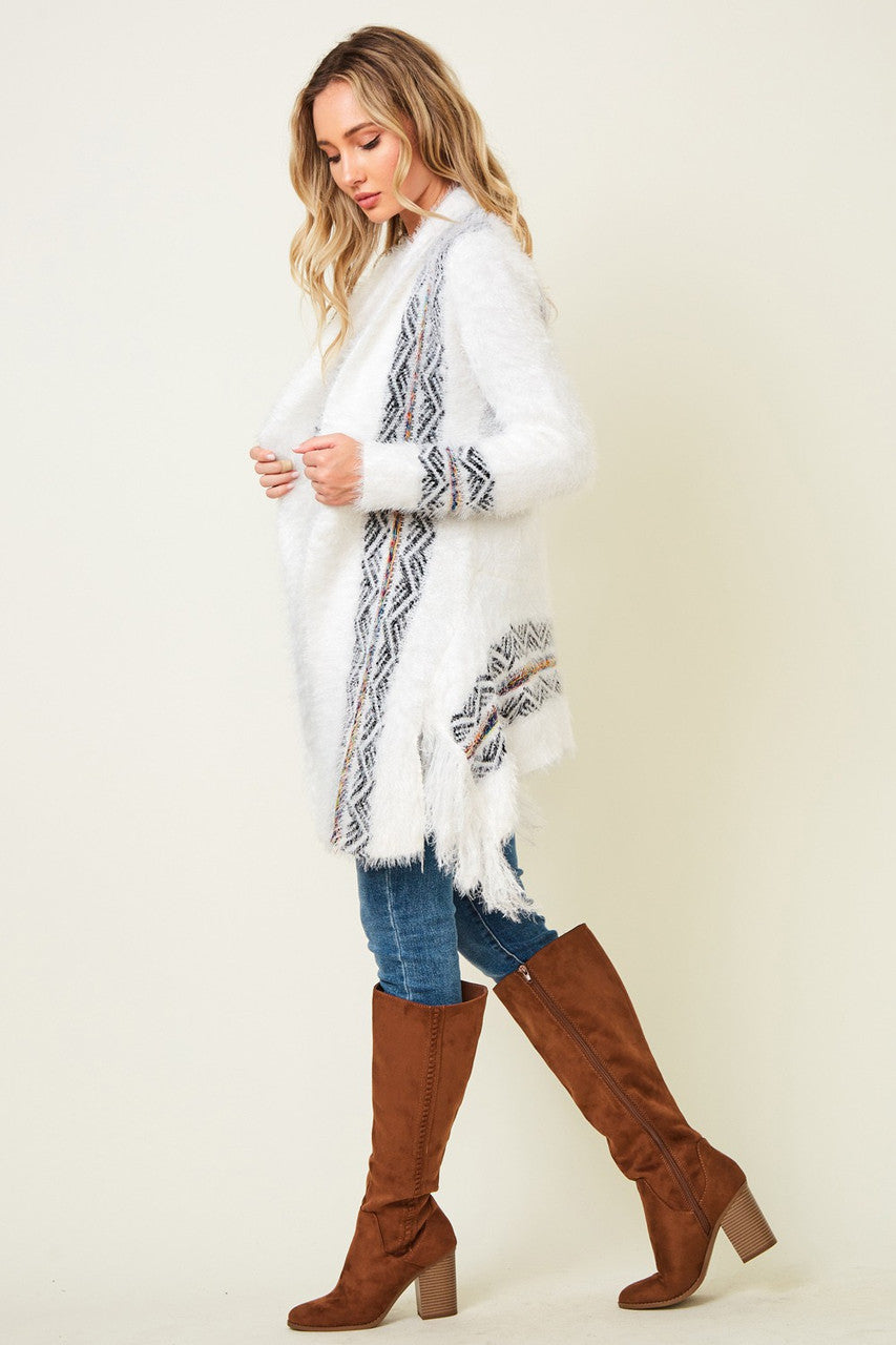 Aztec Print Long Sleeve Cardigan In Ivory