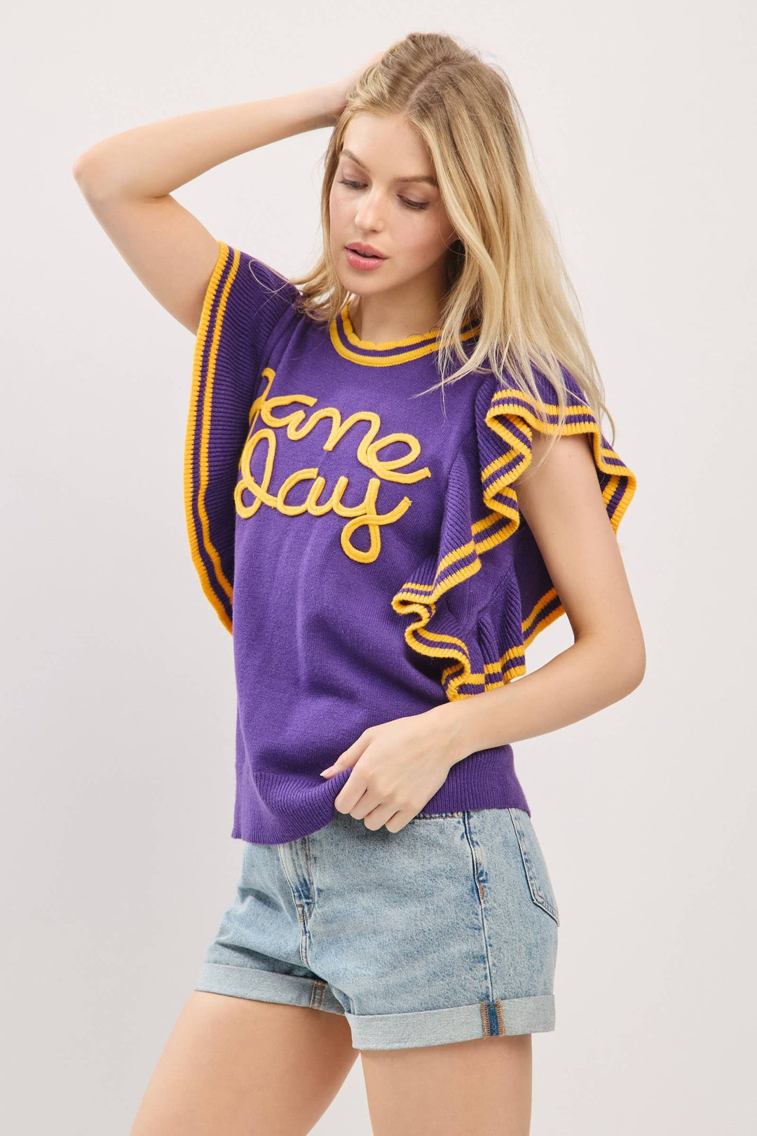 Ruffle Sleeve Varsity Gameday Knit Top -  Red/Black