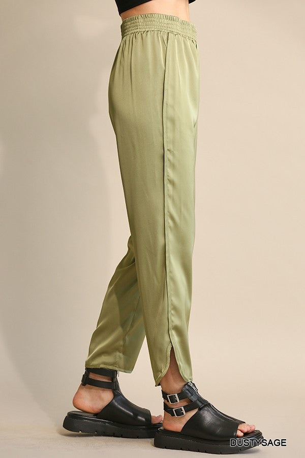 Solid Satin & Elastic Waist Pants W/Side Slits & Pock- In Dusty Sage