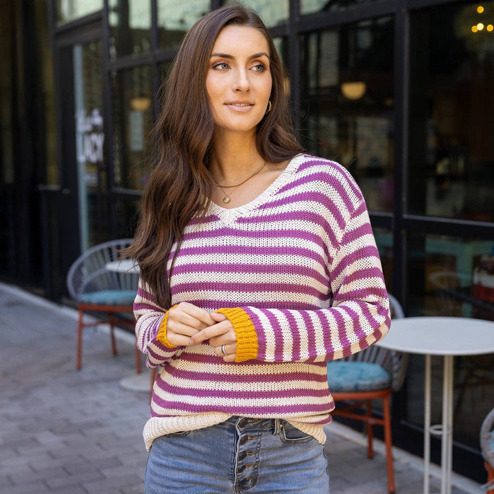 Striped V-Neck Sweater in Berry Stripe