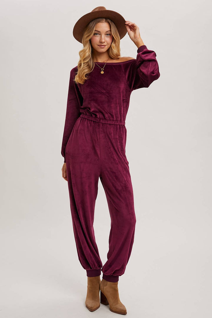 VELVET ONE SHOULDER BOAT NECK JUMPSUIT