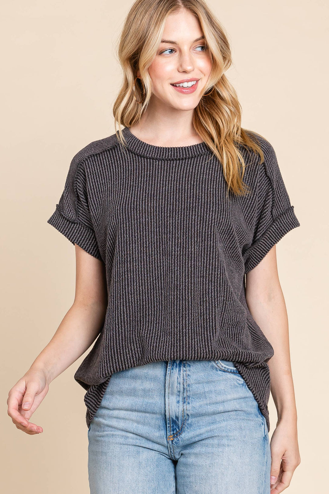 The Breezy Ribbed Knit Top - Charcoal