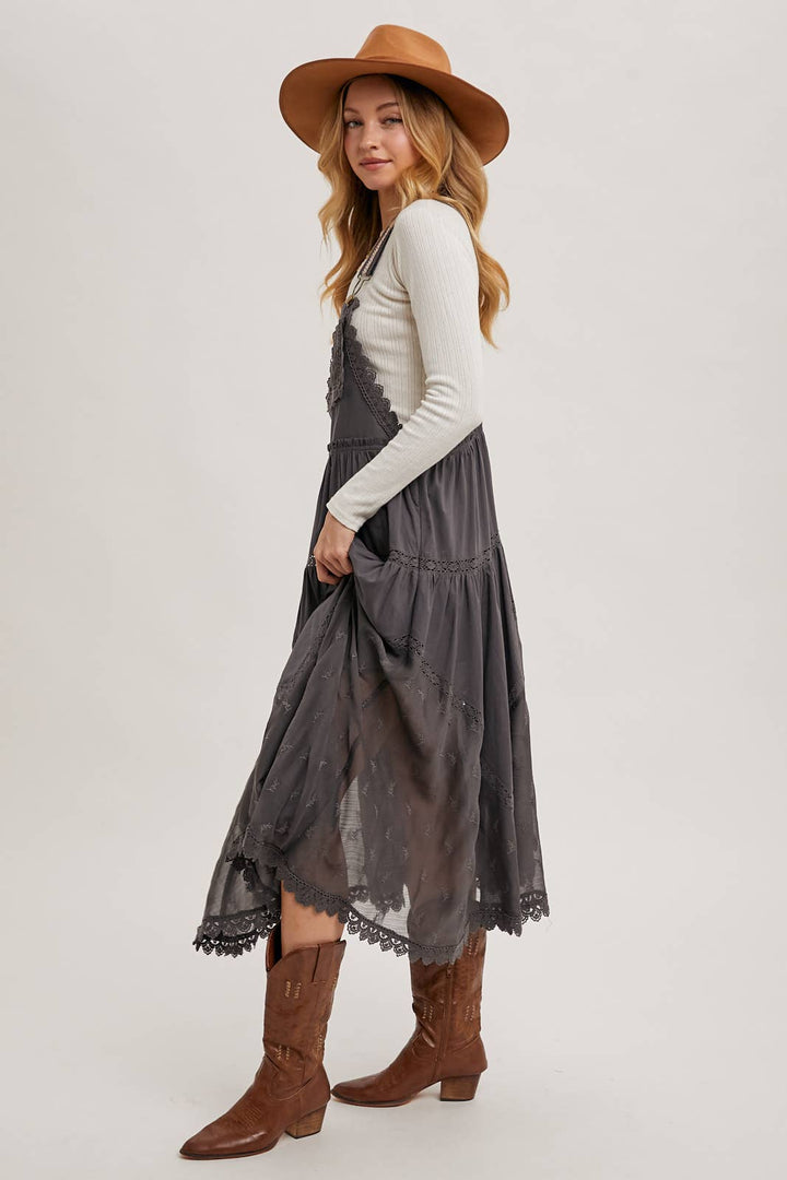 LACE EMBROIDERED TULLE BIB MAXI DRESS