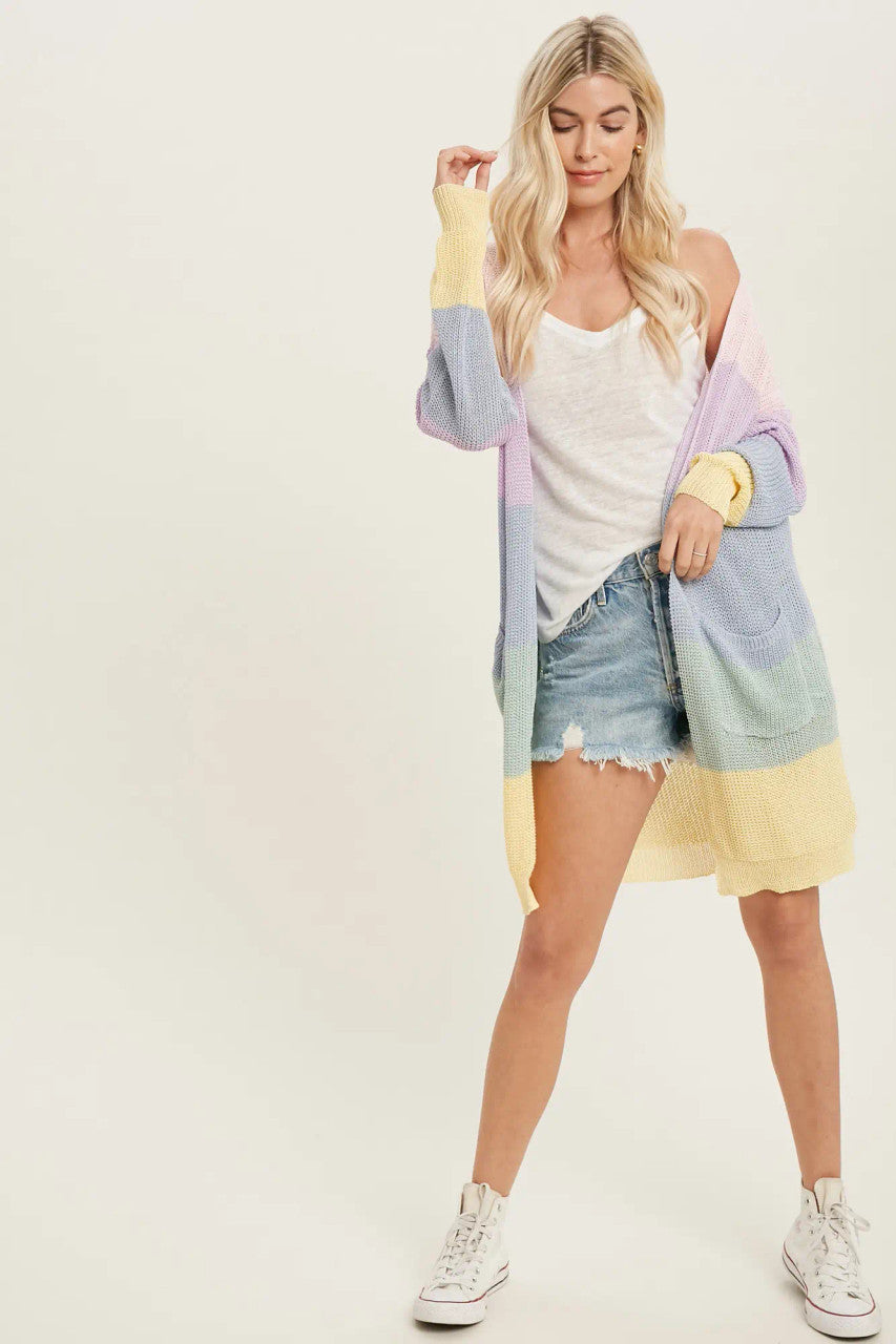 Spring Color Blocked Open Front Cardigan - Pink/Lav