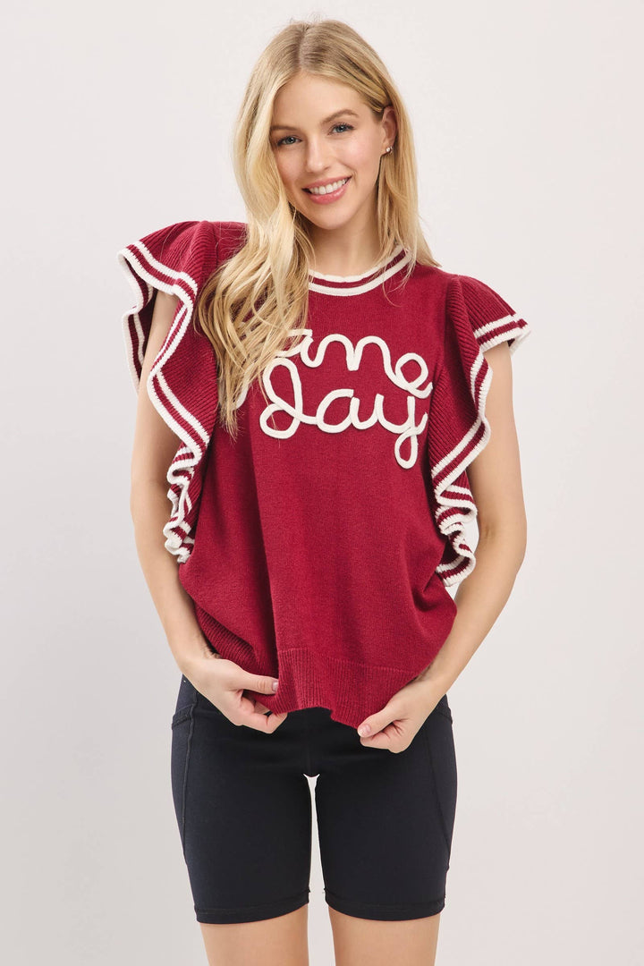 Ruffle Sleeve Varsity Gameday Knit Top -  Red/Black