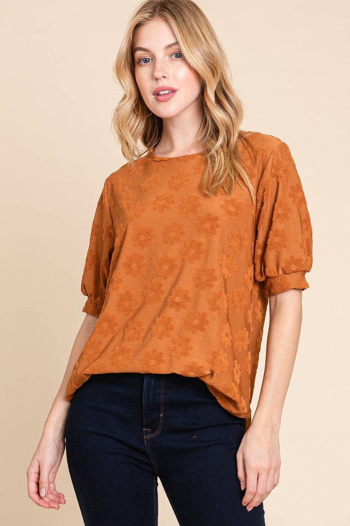 Bloom With Grace Puff Sleeve Top - Camel