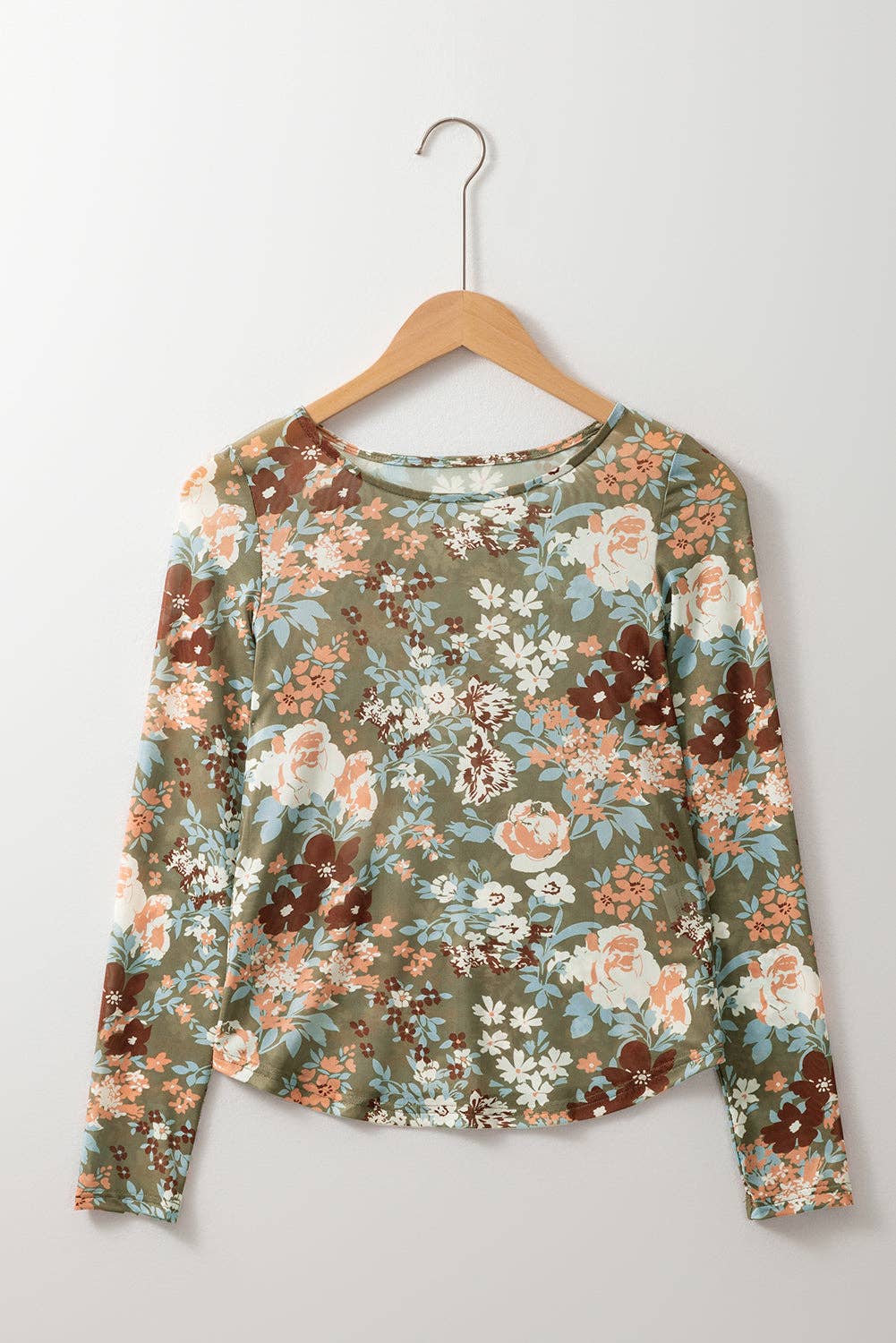 Floral Print Mesh Fitted Long Sleeve Top - Green