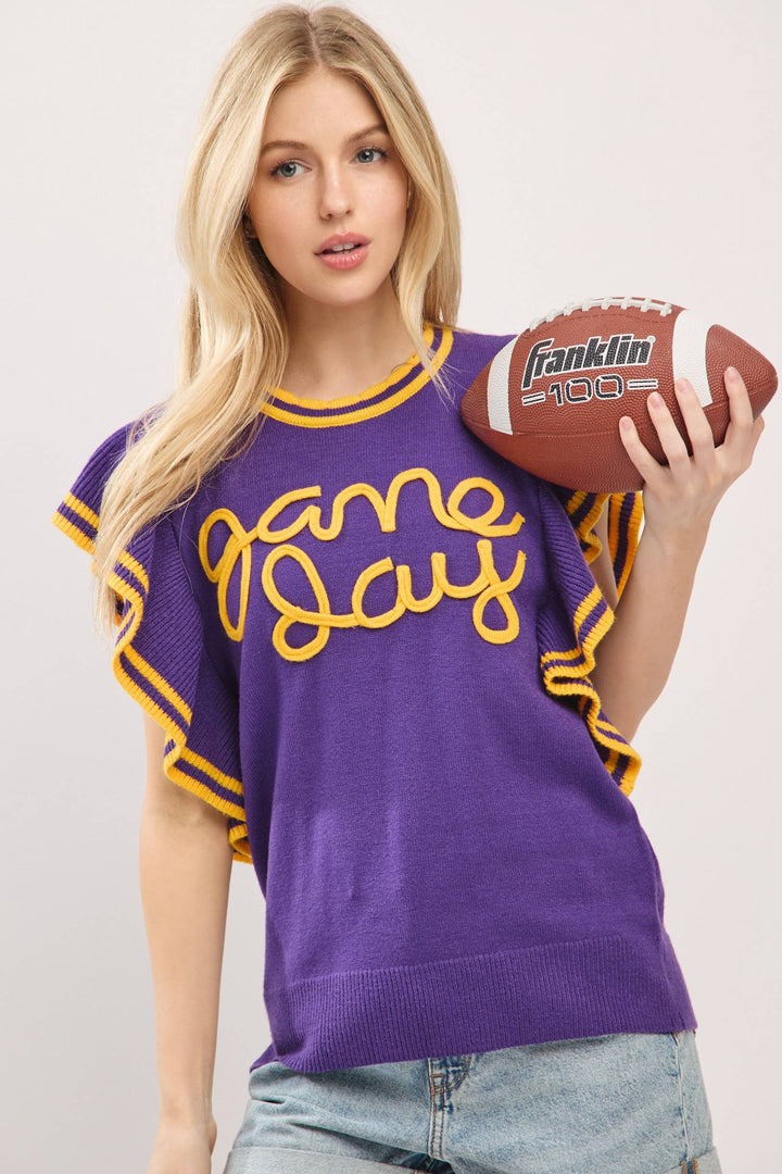 Ruffle Sleeve Varsity Gameday Knit Top -  Red/Black