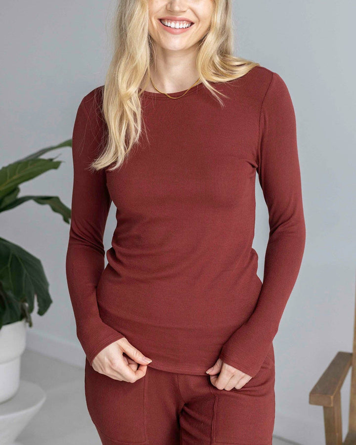 Essential Ribbed Long Sleeve Tee In Rust