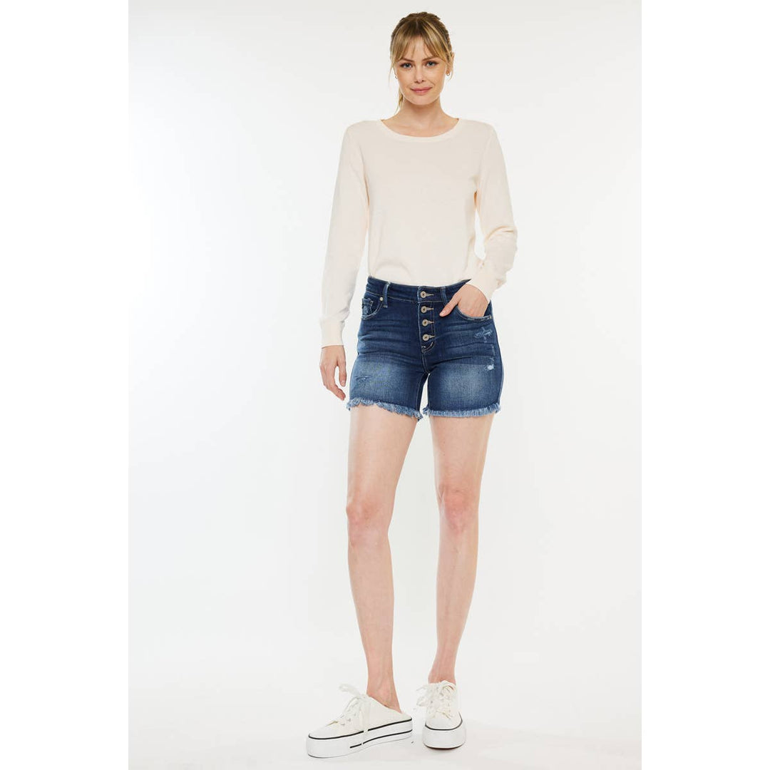 KANCAN MID RISE BUTTON UP DENIM SHORTS - Dark Wash