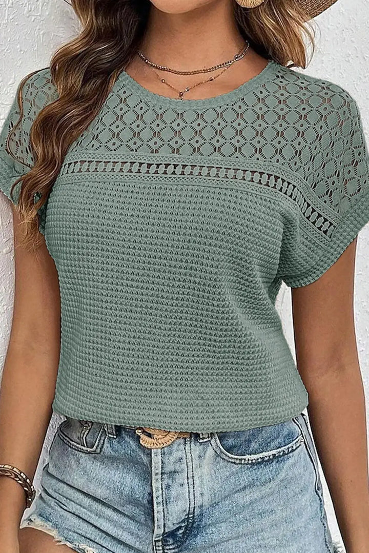 Women’s Lace Patchwork Waffle Knit Short Sleeve Top - Mist Green