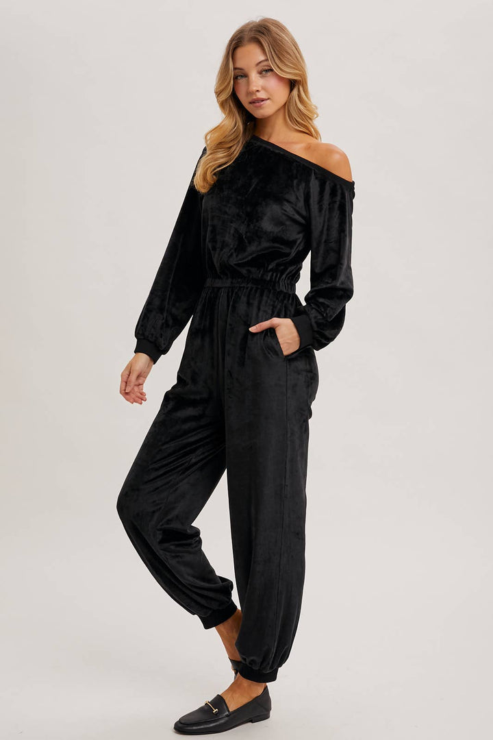 VELVET ONE SHOULDER BOAT NECK JUMPSUIT