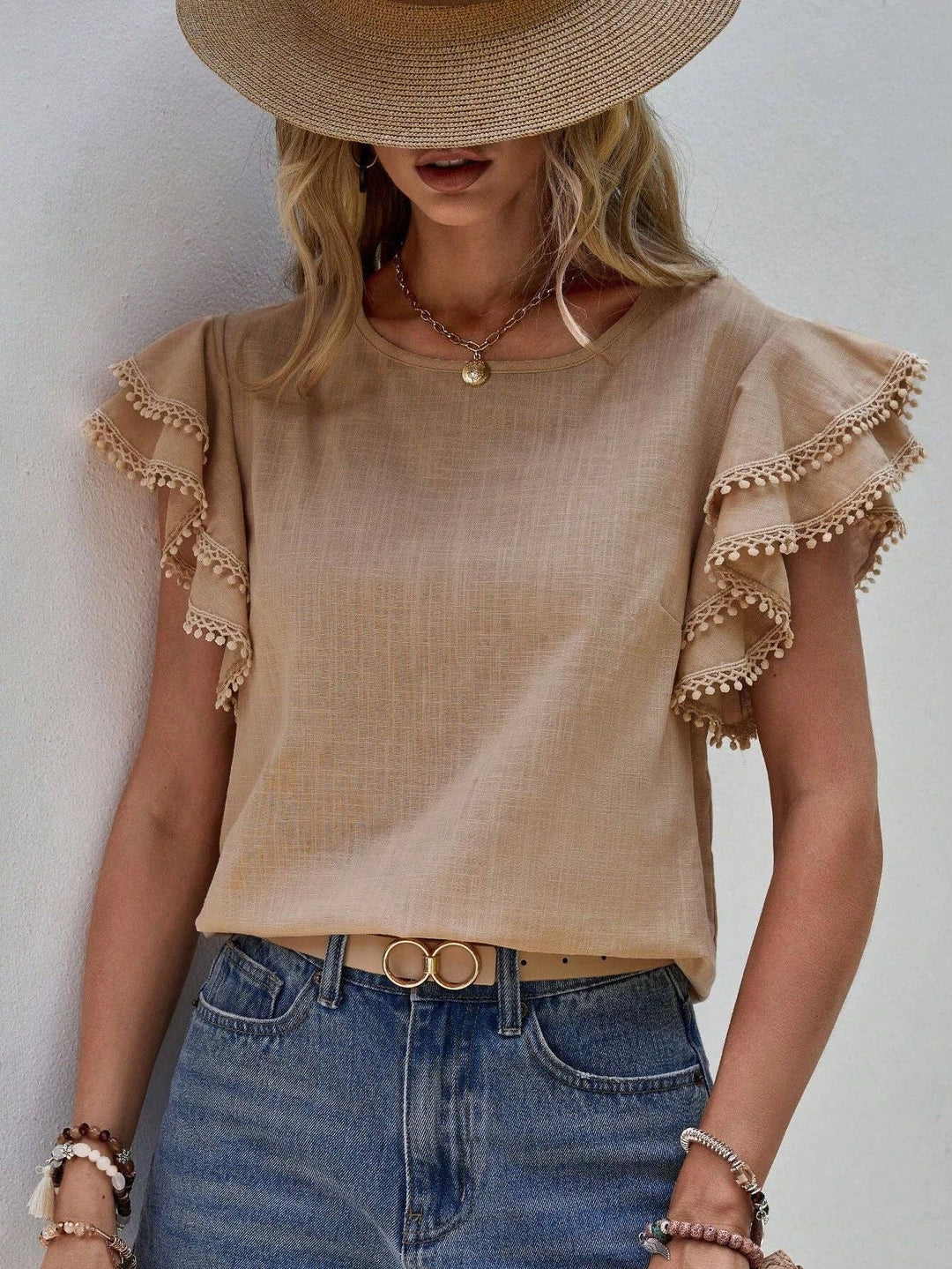 Women's Casual Ruffle Sleeve Round-Neck Summer Blouse - Khaki