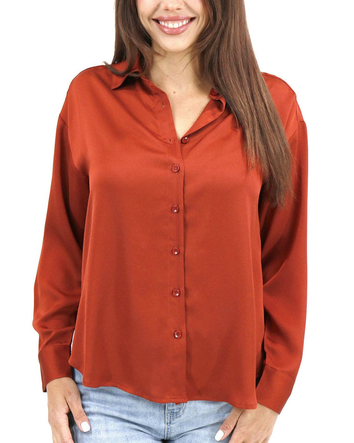 Satin Button Down Top In Rust