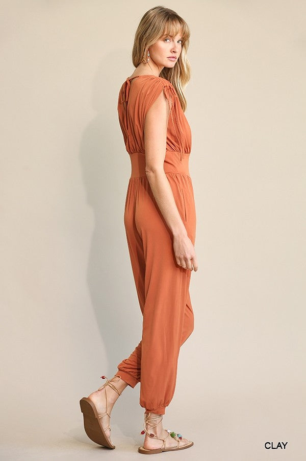 Solid & Ruched Drawstring Detail Jogger Jumpsuit- In Clay