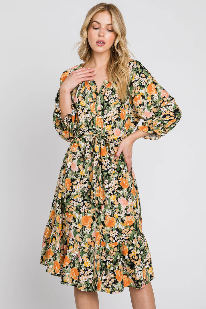 Marigold Print 3/4 Sleeve Flowy Dress