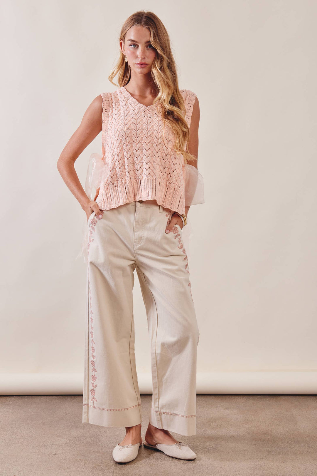 Floral Embroidered Cropped Ecru Wide-Leg Pants