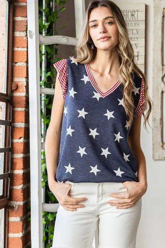 Butterfly Sleeve Flag Theme Top With Round Hem