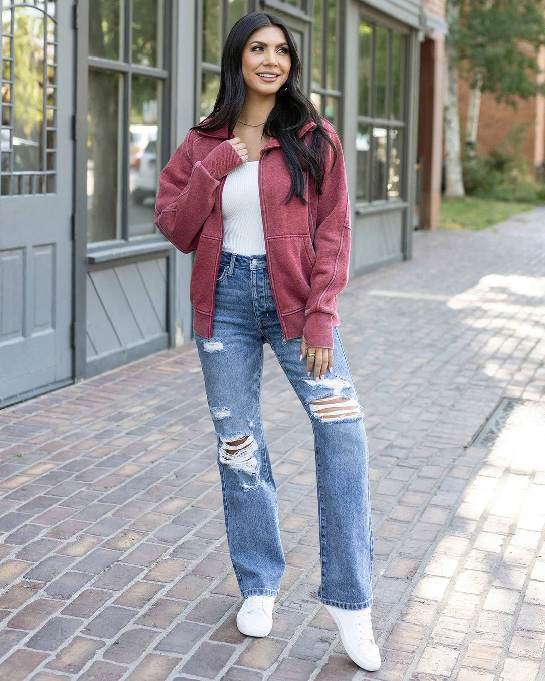 Grace and Lace Vintage Washed Zip Up Sweatshirt in Washed Red