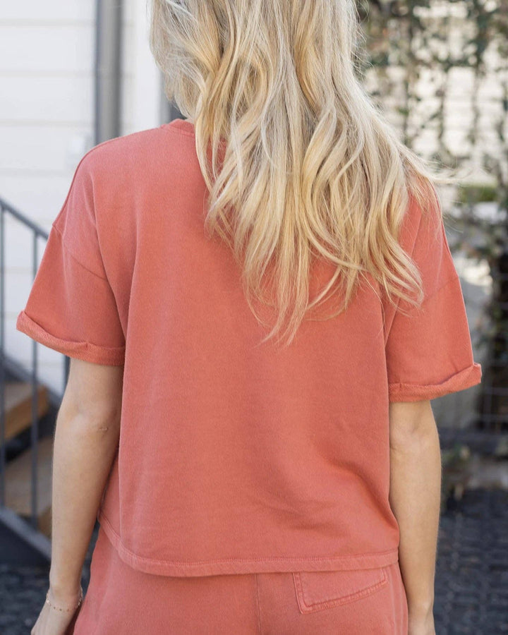 Grace and Lace Washed French Terry Short Sleeve Sweatshirt in Washed Coral