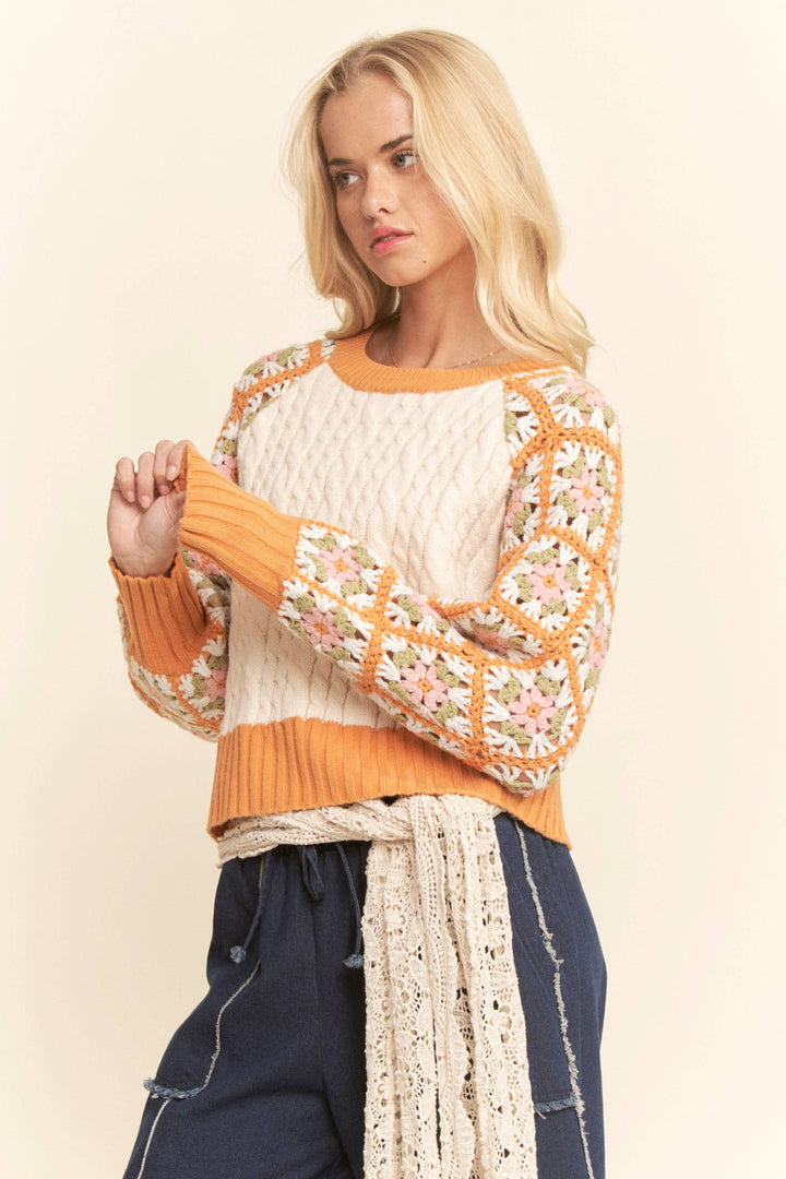 Boho Bloom Crochet Sleeve Cable Knit Sweater - Orange/Cream
