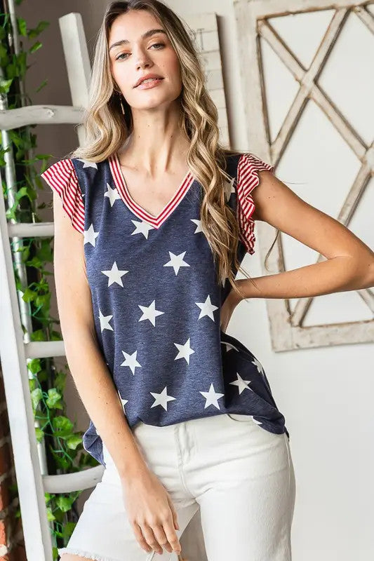 Butterfly Sleeve Flag Theme Top With Round Hem