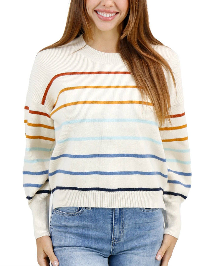 Crew Neck Striped Sweater in Ivory-Multi Stripe