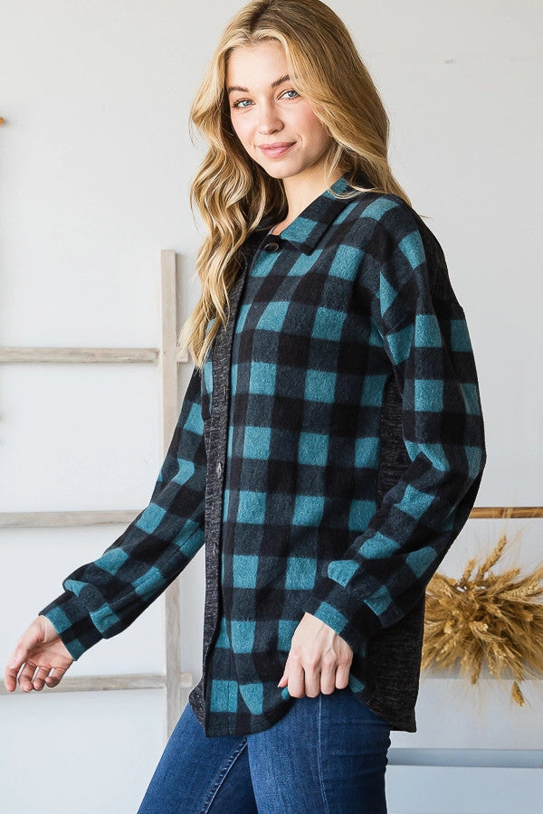 Solid and Plaid Shacket with Pocket In Teal