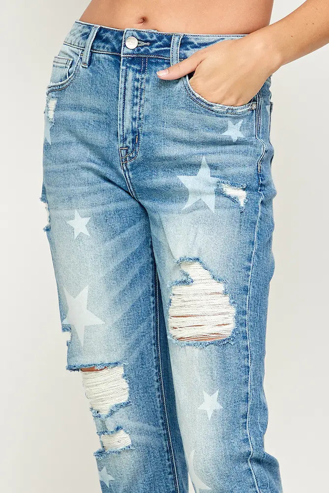 I&M Jeans - Distressed Stretch Mom Jeans w/ Stars - Medium Wash