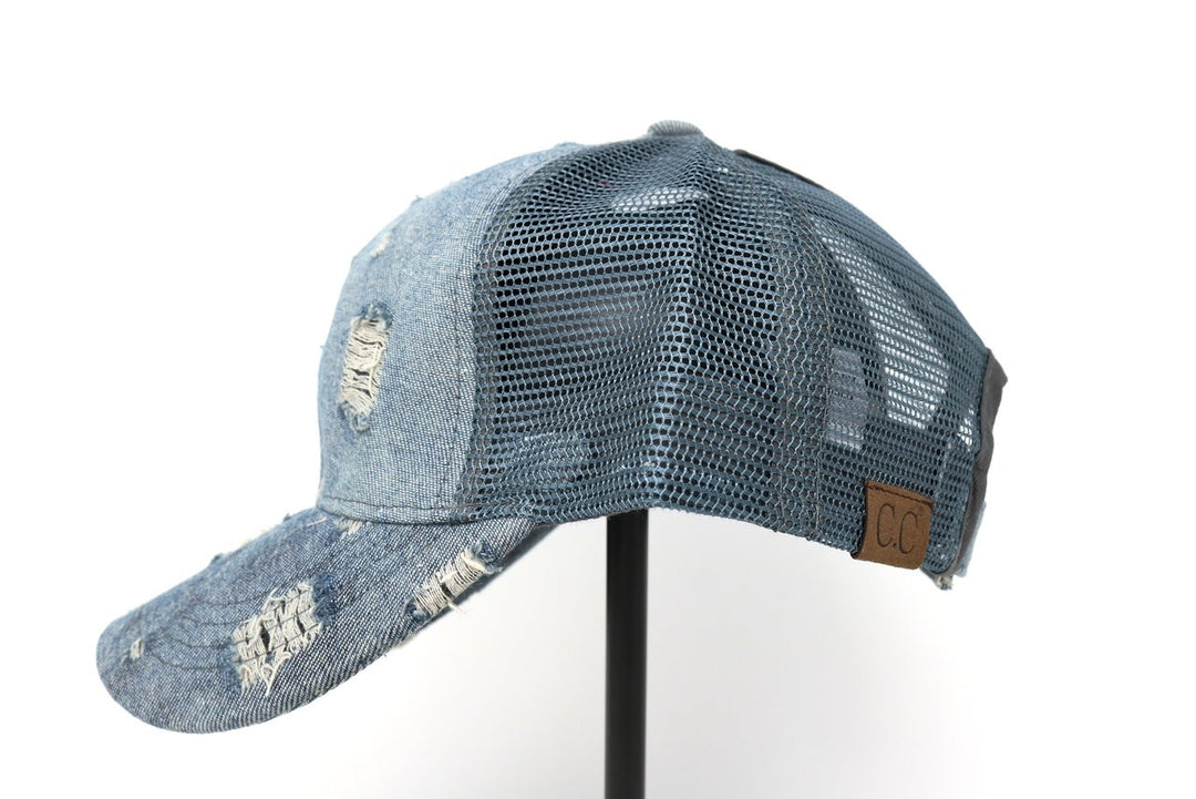 CC Beanie Distressed High Pony Tail Hat - Denim