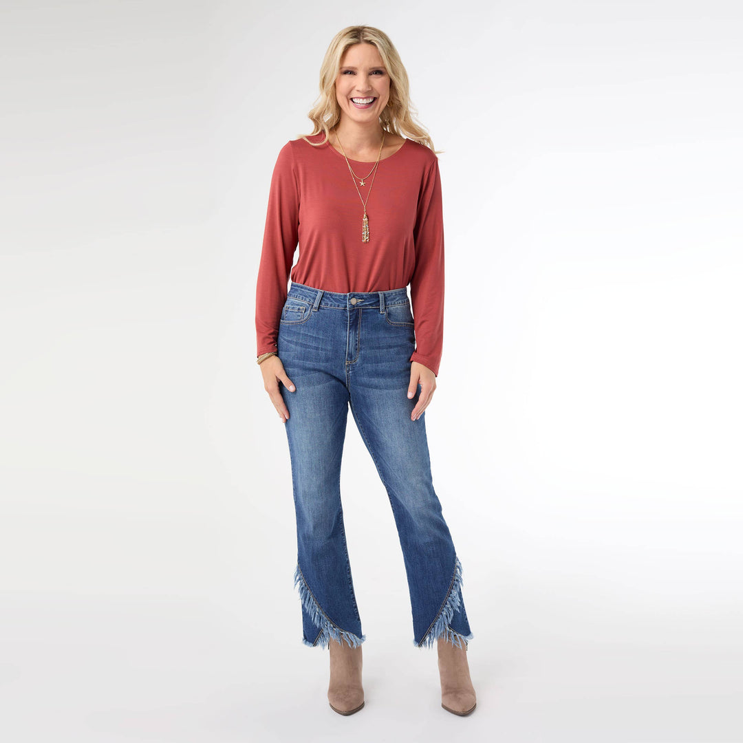 Bambu Soft Straight Ankle Jean with Crossover Fringe Bottom