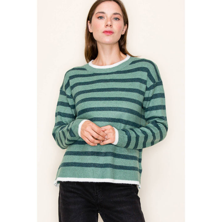 Striped Crew Neck Sweater in Jade