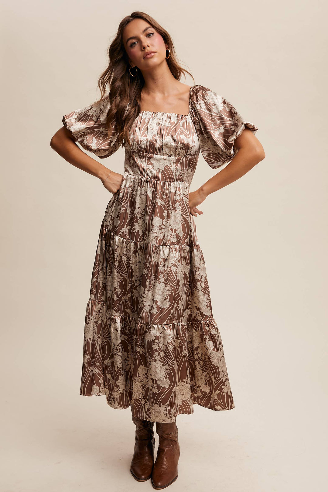 Enchanted Satin Blossom Puff Sleeve Midi Dress