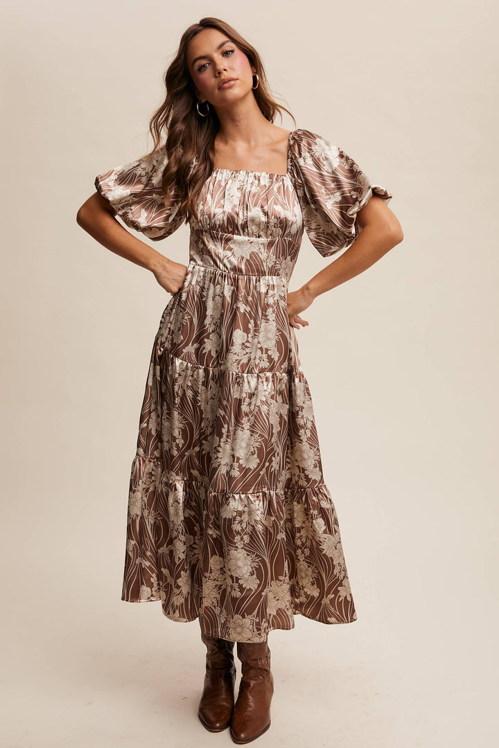 Enchanted Satin Blossom Puff Sleeve Midi Dress