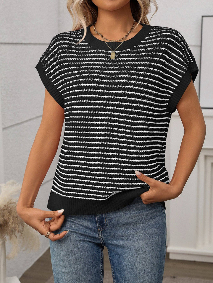 Crew Neck Knit Top Casual Stripe Color Clash Sweater - Black & White