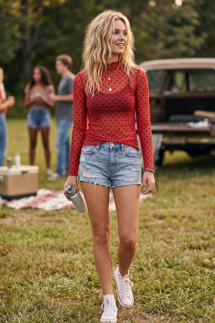 Gameday Ready Polka Dot Mesh Top - Red/Black